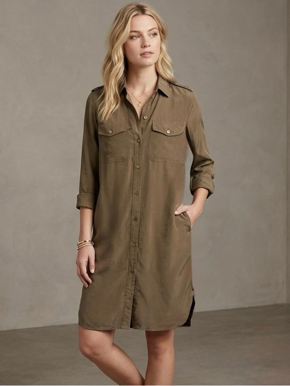 GAP Military Green Silk Blend Shirt Dress